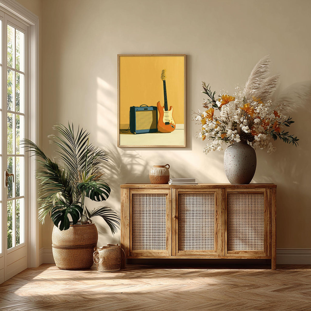 Retro Guitar Amp Poster, Yellow Music Illustration, Rock Room Picture Print