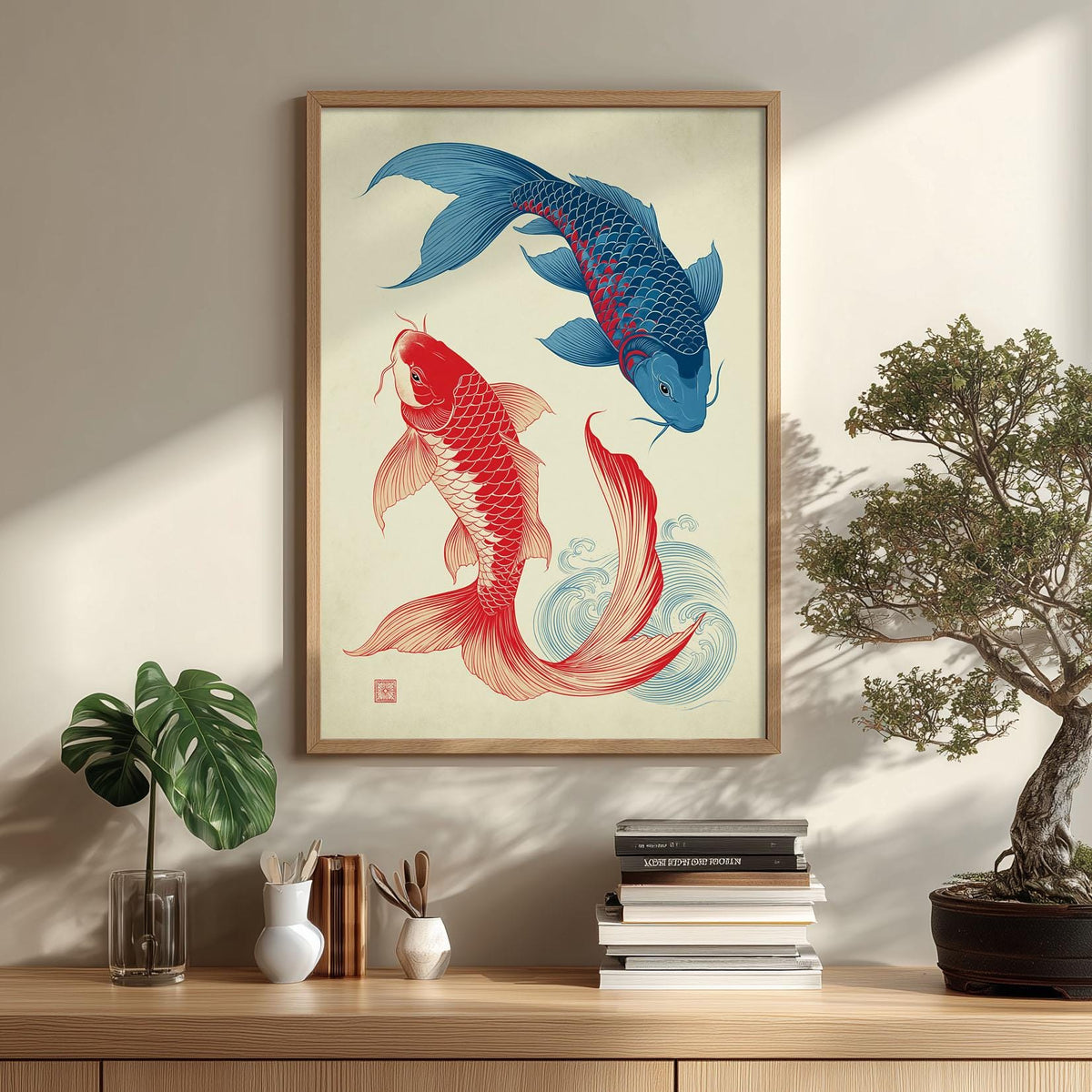 Japanese Koi Fish Poster, Red Blue Koi Illustration, Pond Fish Wall Art