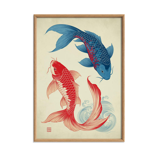 Japanese Koi Fish Poster, Red Blue Koi Illustration, Pond Fish Wall Art