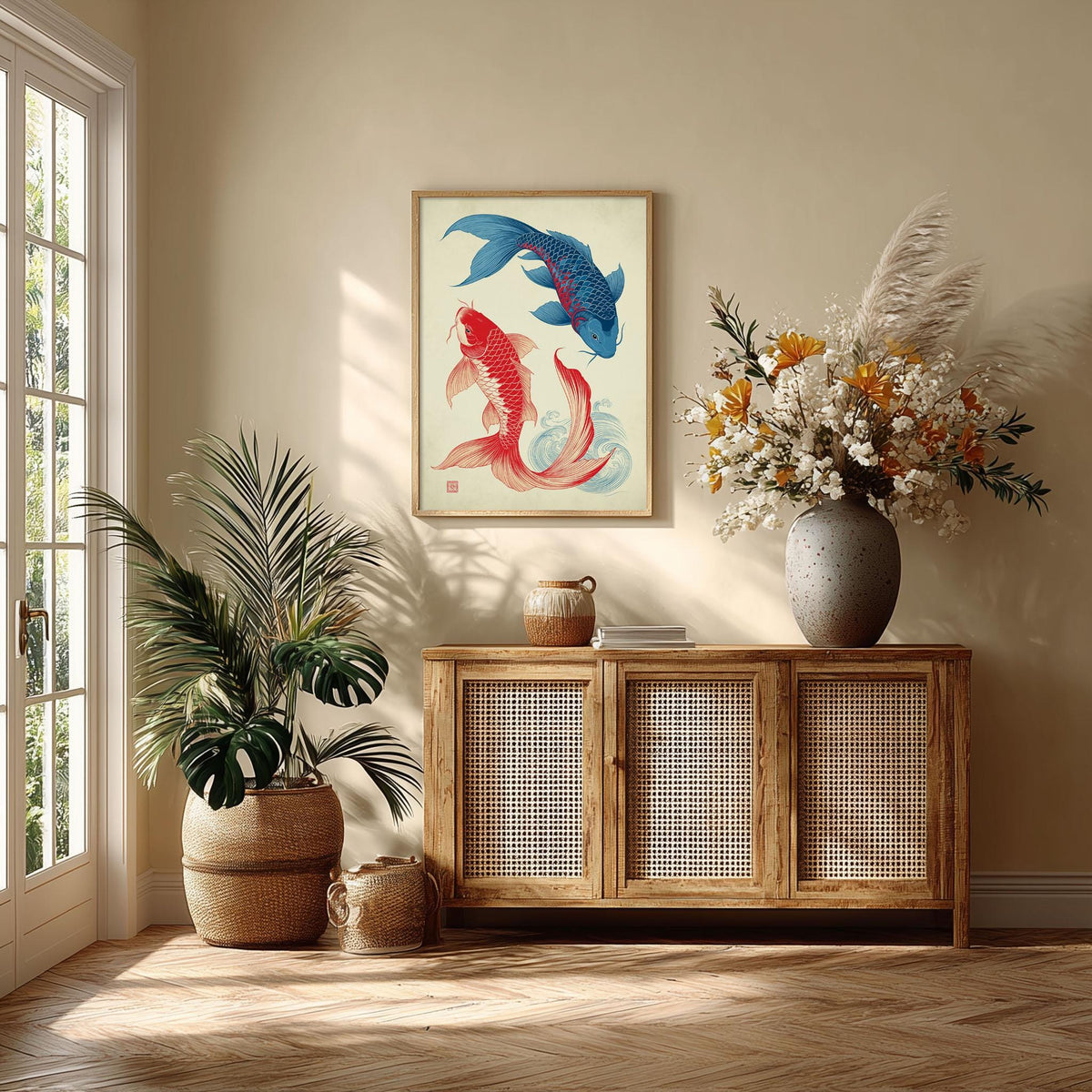 Japanese Koi Fish Poster, Red Blue Koi Illustration, Pond Fish Wall Art