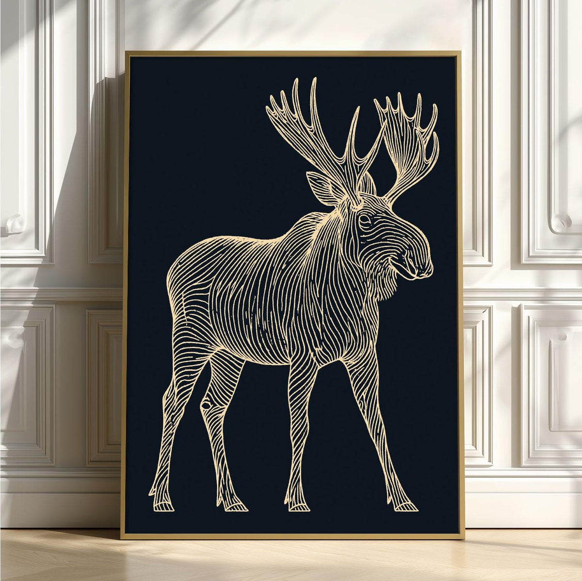 Moose Line Art Poster, Navy Wildlife Illustration, Gold Wall Art