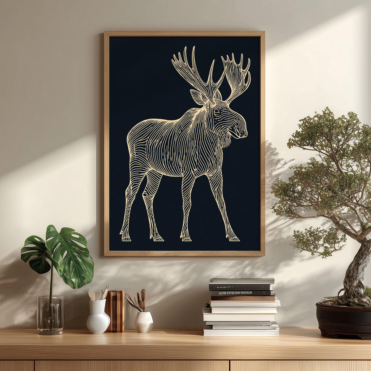Moose Line Art Poster, Navy Wildlife Illustration, Gold Wall Art
