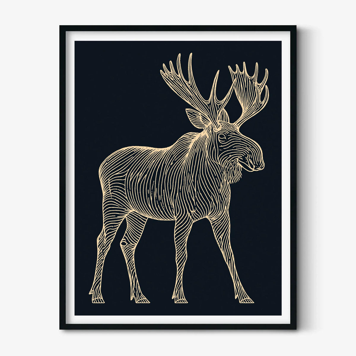 Moose Line Art Poster, Navy Wildlife Illustration, Gold Wall Art