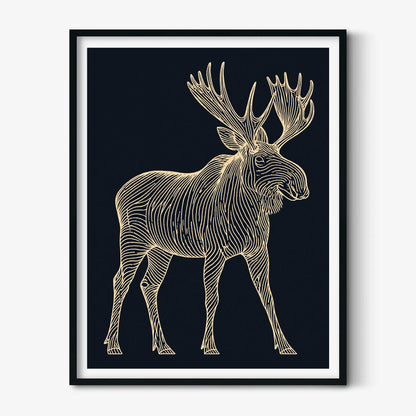 Moose Line Art Poster, Navy Wildlife Illustration, Gold Wall Art