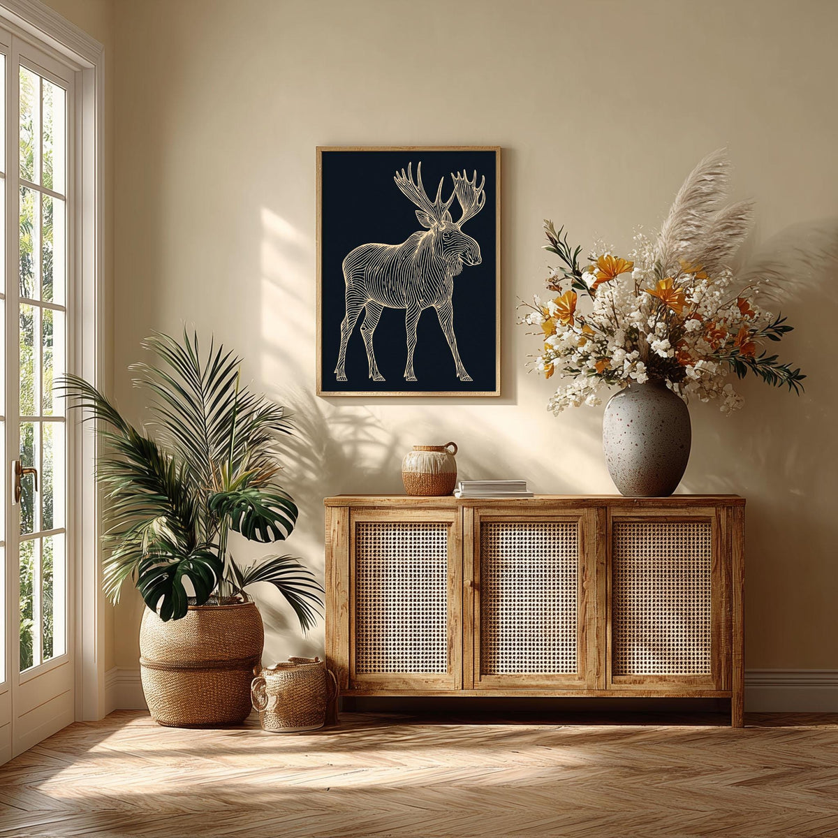 Moose Line Art Poster, Navy Wildlife Illustration, Gold Wall Art
