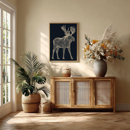 Moose Line Art Poster, Navy Wildlife Illustration, Gold Wall Art