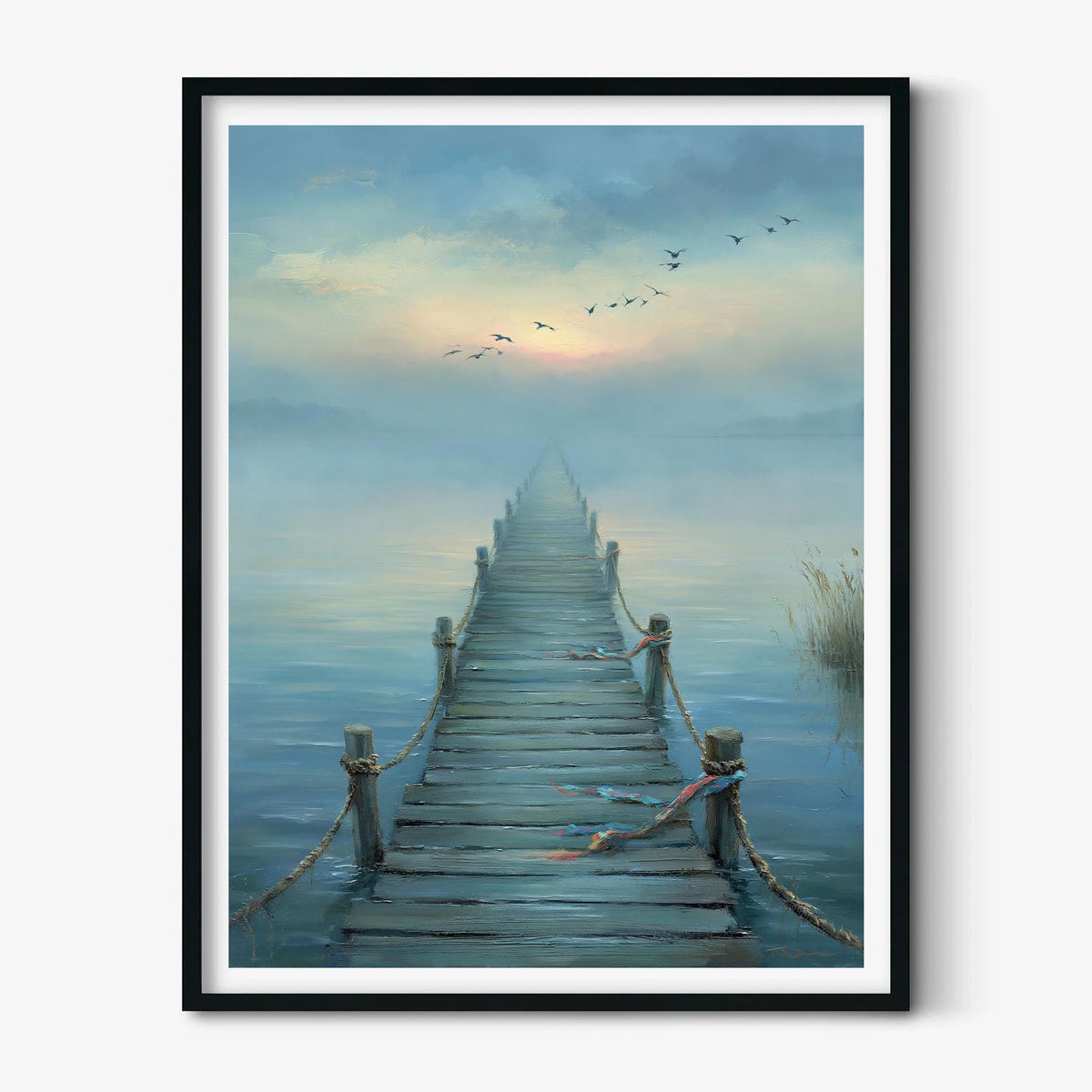 Misty Lake Pier Poster | Tranquil Seascape Wall Art Print | Blue Coastal Decor