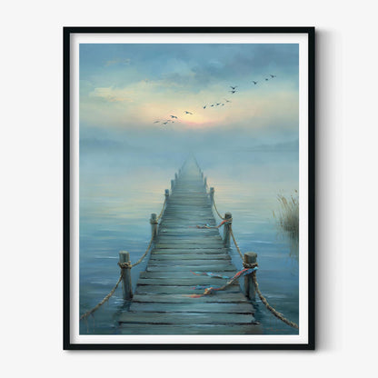 Misty Lake Pier Poster | Tranquil Seascape Wall Art Print | Blue Coastal Decor