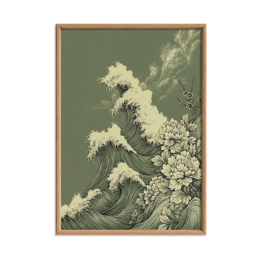 Japanese Wave Botanical Wall Art: Olive Green Hokusai-Inspired Art Print, Vintage Minimalist Coastal Decor