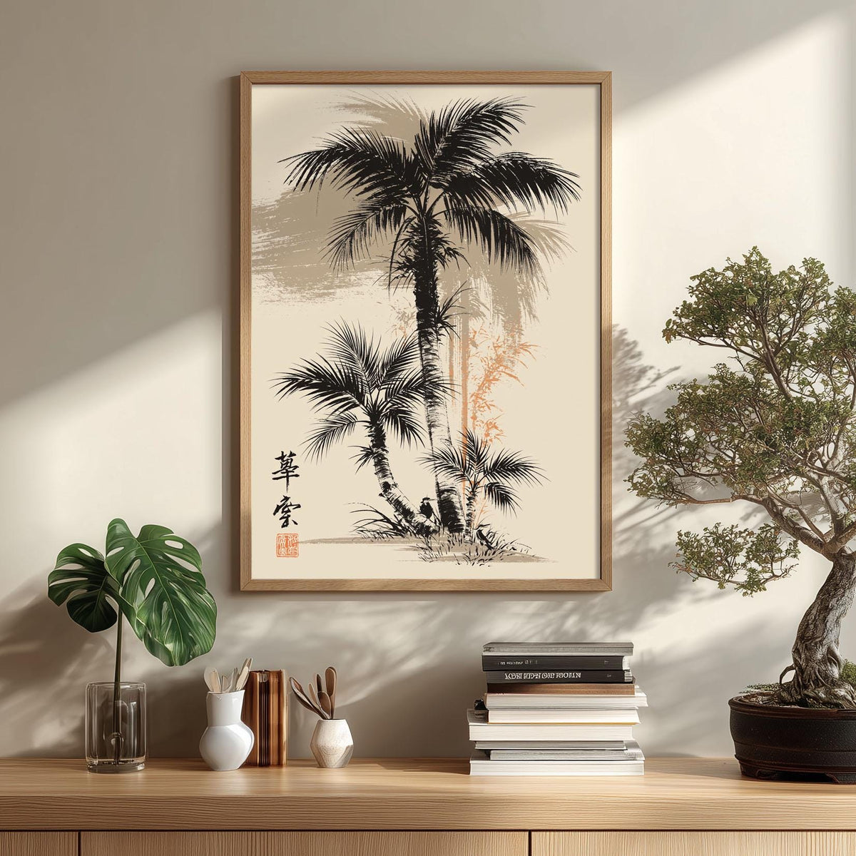 Palm Tree Wall Art Print, Japanese Ink Painting Poster, Black Beige Tropical Botanical Japandi Decor