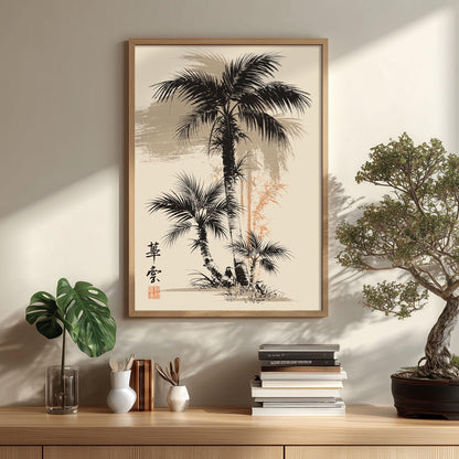 Palm Tree Wall Art Print, Japanese Ink Painting Poster, Black Beige Tropical Botanical Japandi Decor