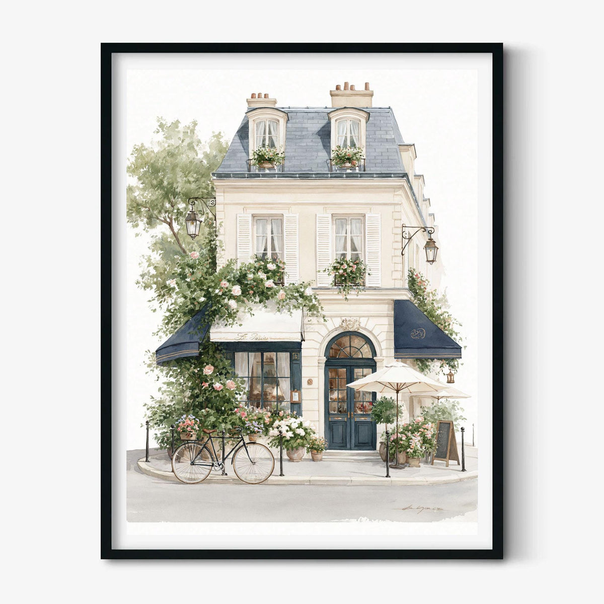 Paris Cafe Wall Art Print, French Storefront Poster, Watercolour Architecture Decor, European Street Scene, Floral Paris Wall