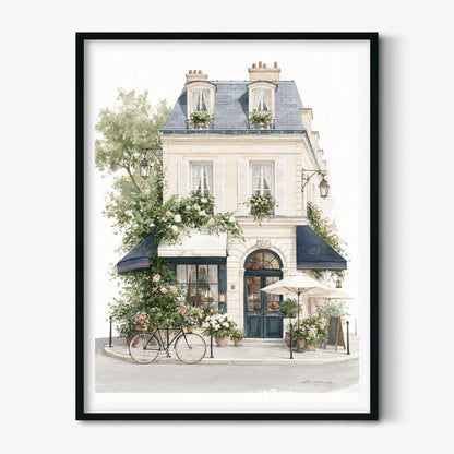 Paris Cafe Wall Art Print, French Storefront Poster, Watercolour Architecture Decor, European Street Scene, Floral Paris Wall