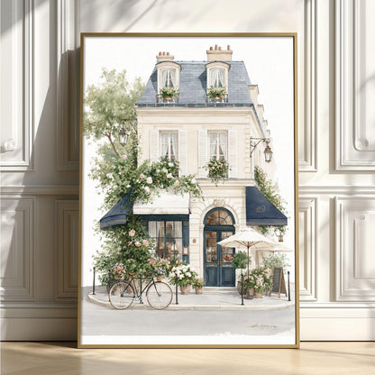 Paris Cafe Wall Art Print, French Storefront Poster, Watercolour Architecture Decor, European Street Scene, Floral Paris Wall