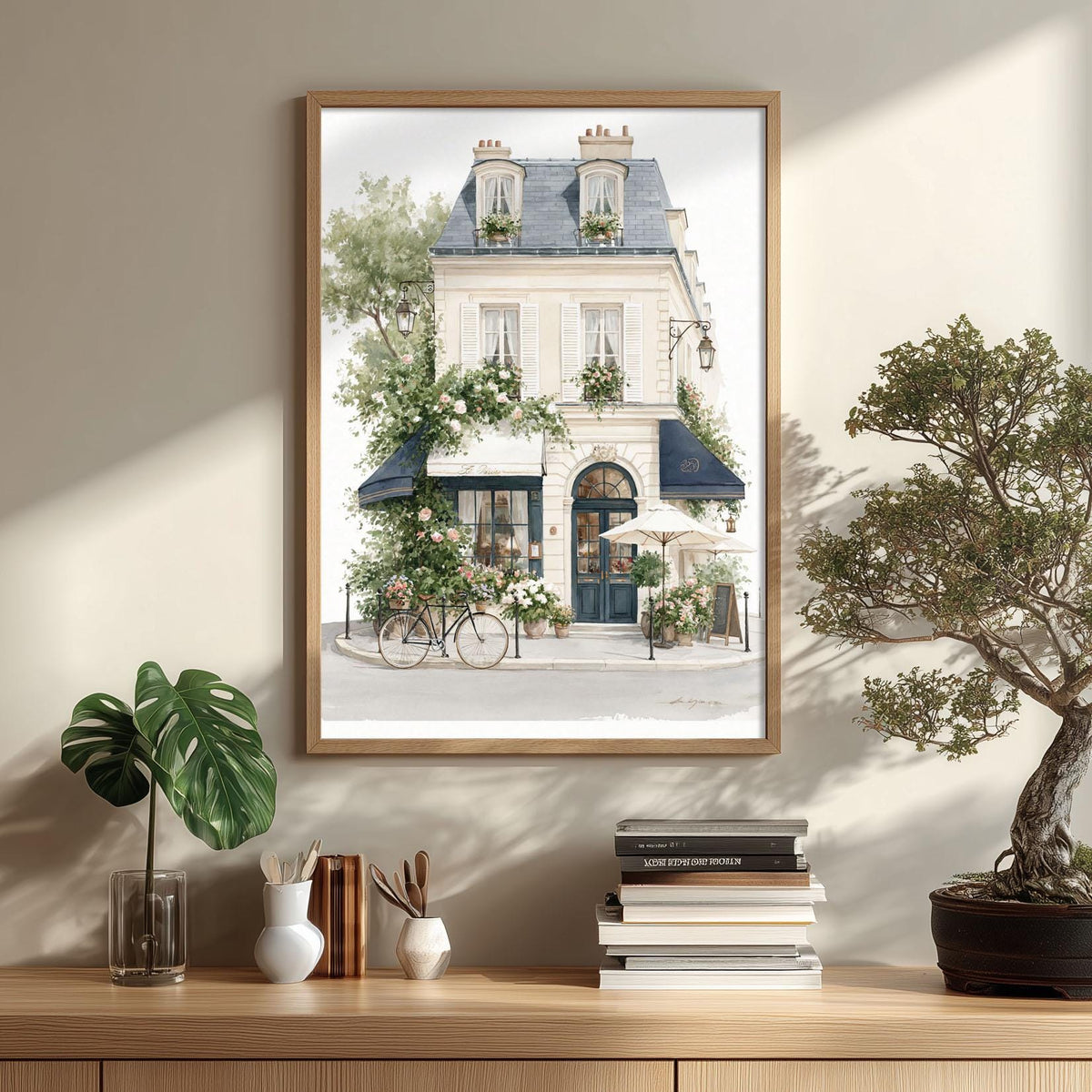 Paris Cafe Wall Art Print, French Storefront Poster, Watercolour Architecture Decor, European Street Scene, Floral Paris Wall