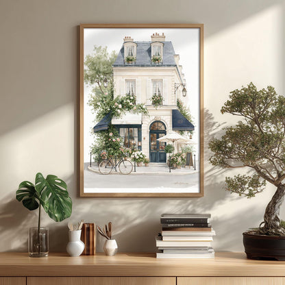 Paris Cafe Wall Art Print, French Storefront Poster, Watercolour Architecture Decor, European Street Scene, Floral Paris Wall