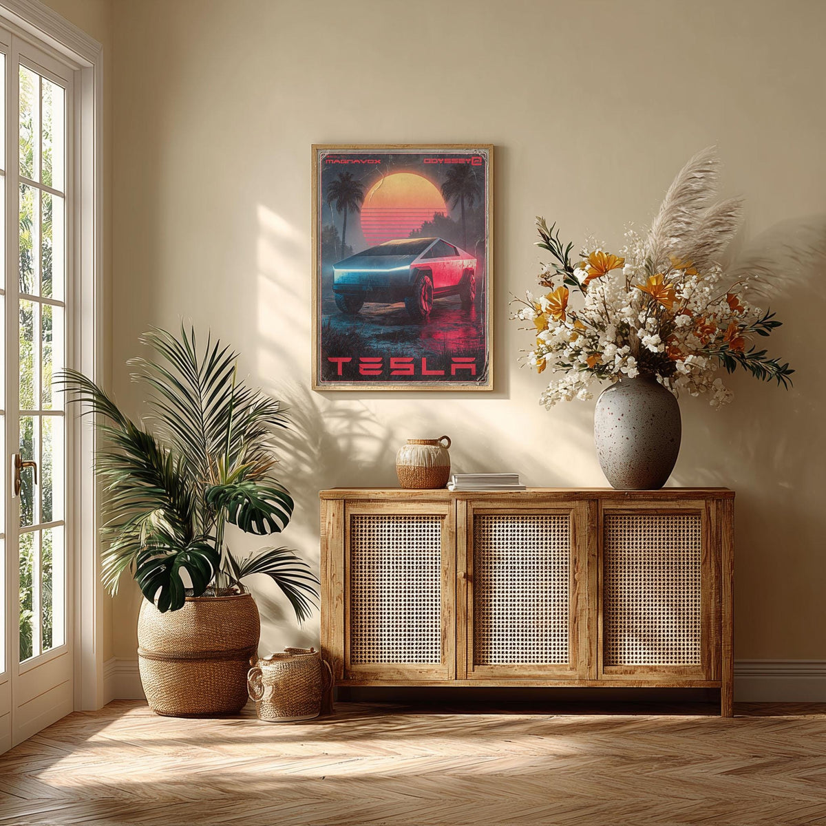 Futuristic Electric Truck Wall Art Print, Retro Synthase Car Poster, Neon Sunset Palm Tree Garage Decor