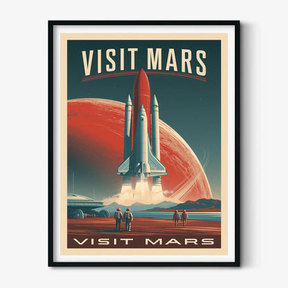Visit Mars Travel Poster, Retro Sci-Fi Space Wall Art