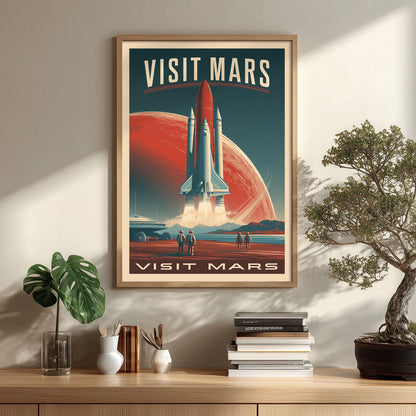 Visit Mars Travel Poster, Retro Sci-Fi Space Wall Art