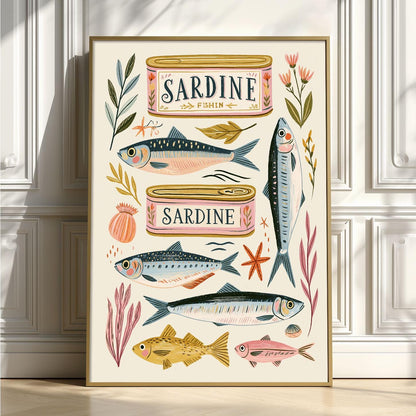 Sardine Fish Print, Retro Coastal Kitchen Wall Art Poster, Seafood Cafe Decor