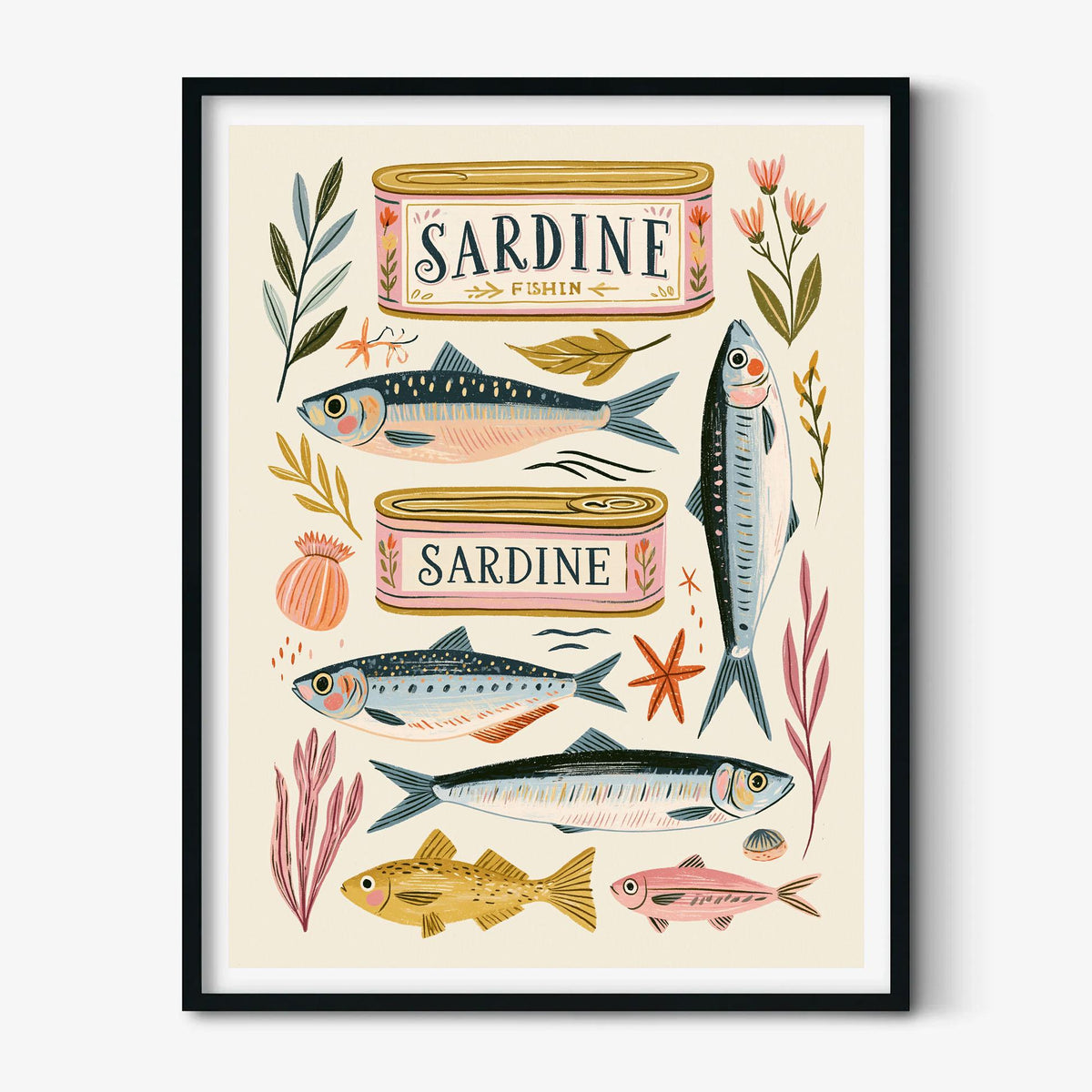 Sardine Fish Print, Retro Coastal Kitchen Wall Art Poster, Seafood Cafe Decor