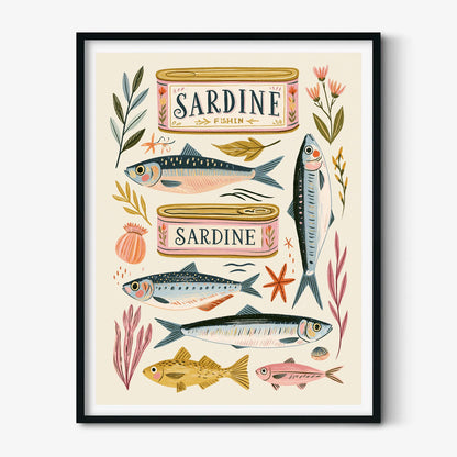 Sardine Fish Print, Retro Coastal Kitchen Wall Art Poster, Seafood Cafe Decor