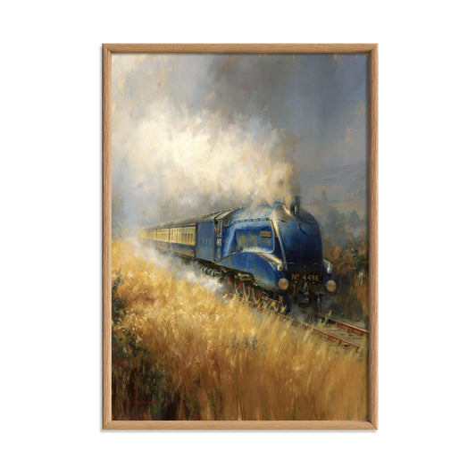 Blue Steam Train Print, Vintage Railway Wall Art Poster, Locomotive Landscape Decor