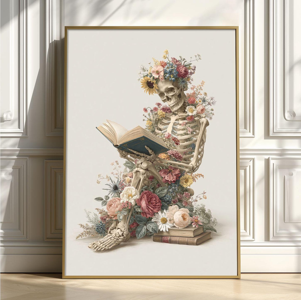 Floral Skeleton Print – Gothic Book Lover Poster | Dark Academia Wall Art