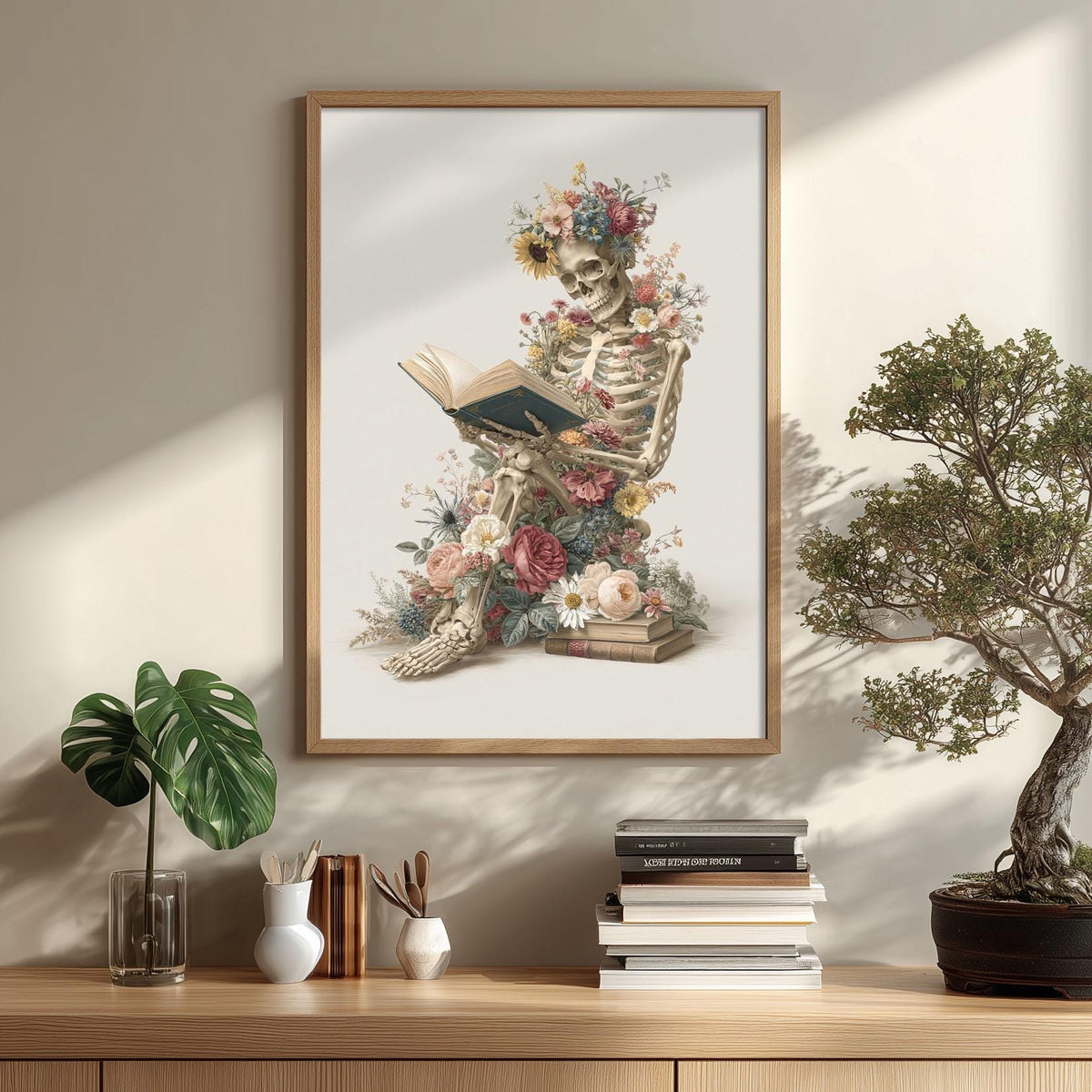 Floral Skeleton Print – Gothic Book Lover Poster | Dark Academia Wall Art