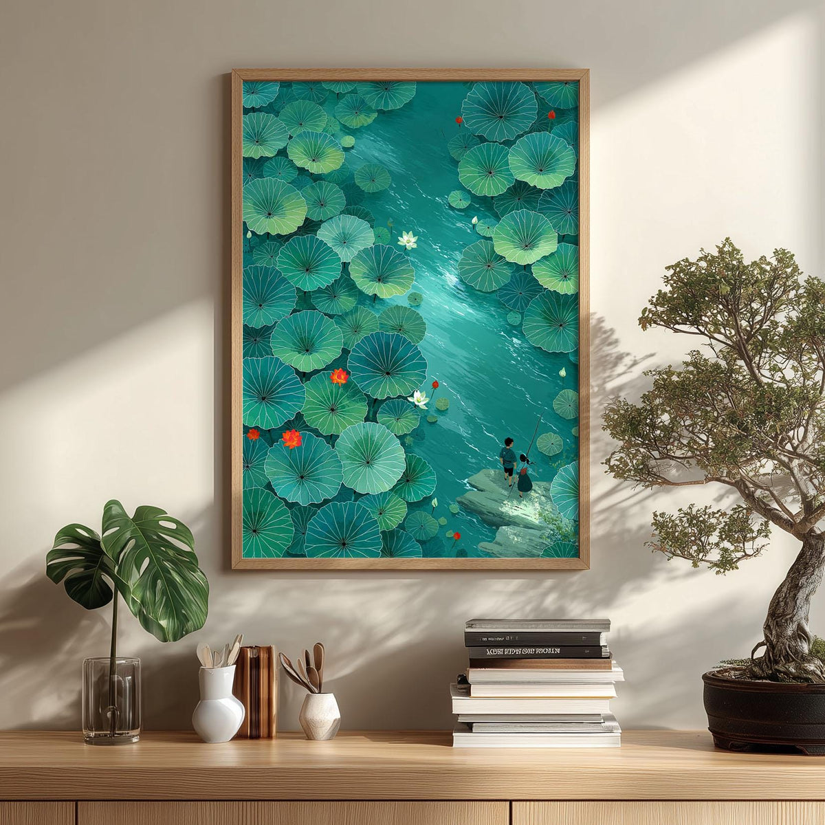 Lotus Pond Print, Green Water Lily Wall Art Poster, Peaceful Japanese Garden Decor