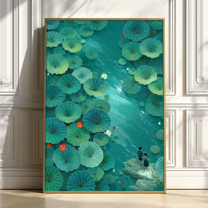 Lotus Pond Print, Green Water Lily Wall Art Poster, Peaceful Japanese Garden Decor