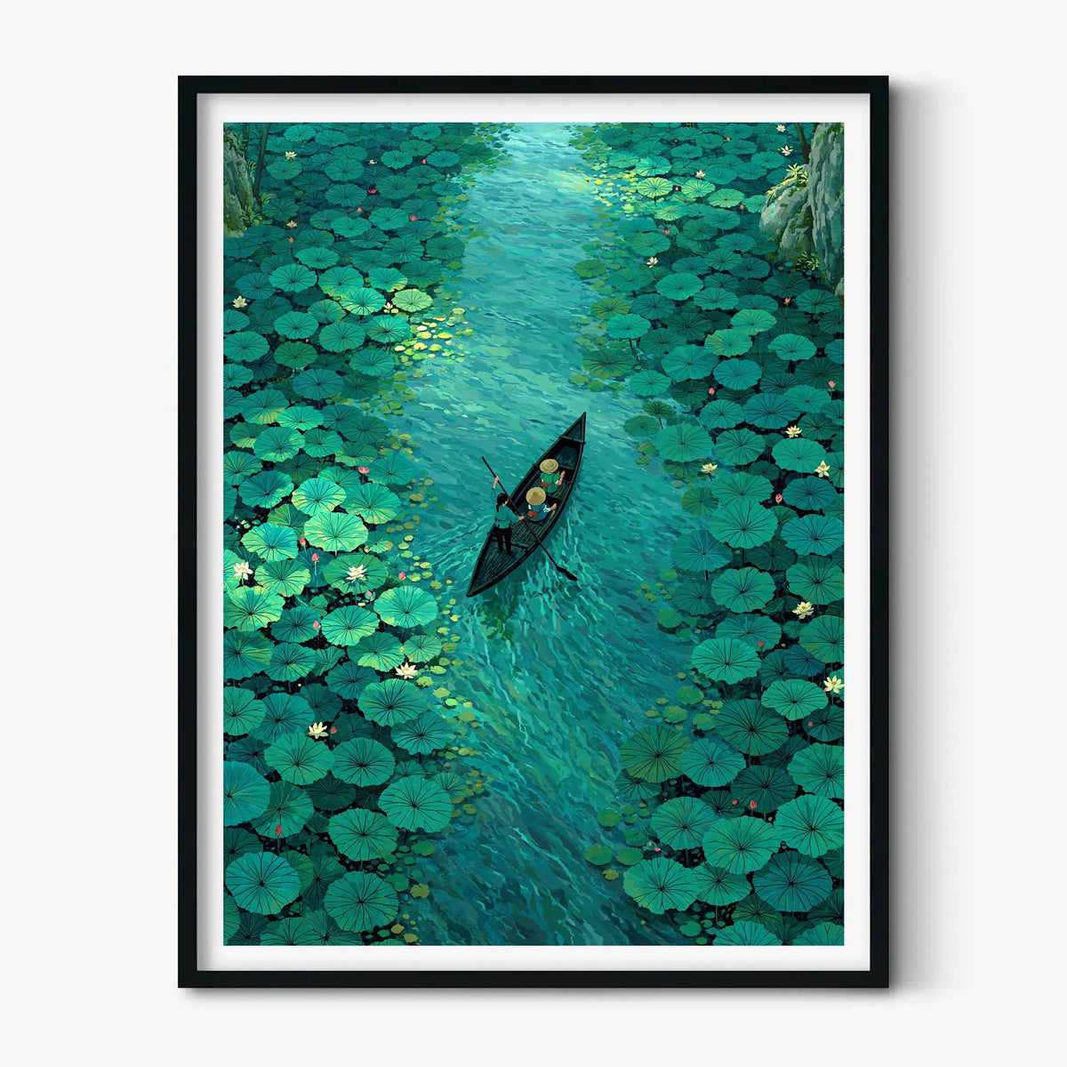 Lily Pad River Print, Green Water Lily Wall Art Poster, Peaceful Boat Scene Decor