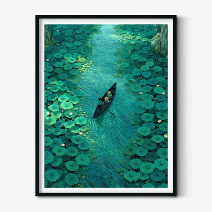 Lily Pad River Print, Green Water Lily Wall Art Poster, Peaceful Boat Scene Decor
