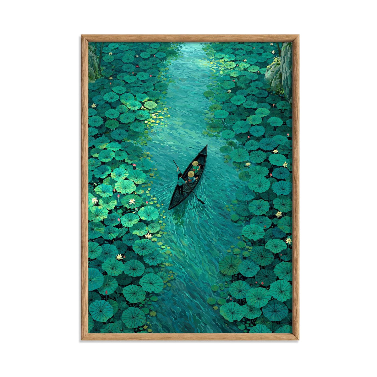 Lily Pad River Print, Green Water Lily Wall Art Poster, Peaceful Boat Scene Decor