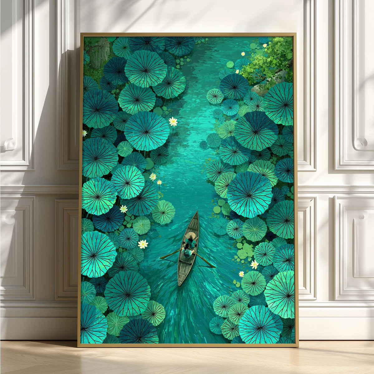 Lotus Boat Print, Teal Water Lily Wall Art Poster, Peaceful Nature Decore Decor