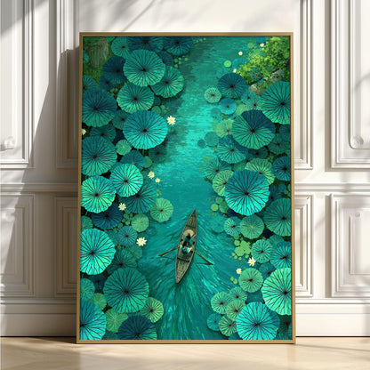 Lotus Boat Print, Teal Water Lily Wall Art Poster, Peaceful Nature Decore Decor