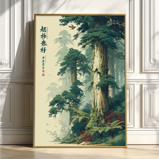 Japanese Forest Print, Misty Woodland Wall Art Poster, Zen Nature Decor