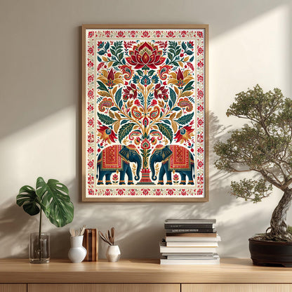 Indian Elephant Print, Boho Floral Wall Art Poster, Lotus Folk Art Decor