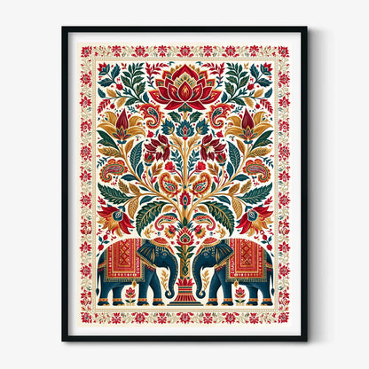 Indian Elephant Print, Boho Floral Wall Art Poster, Lotus Folk Art Decor
