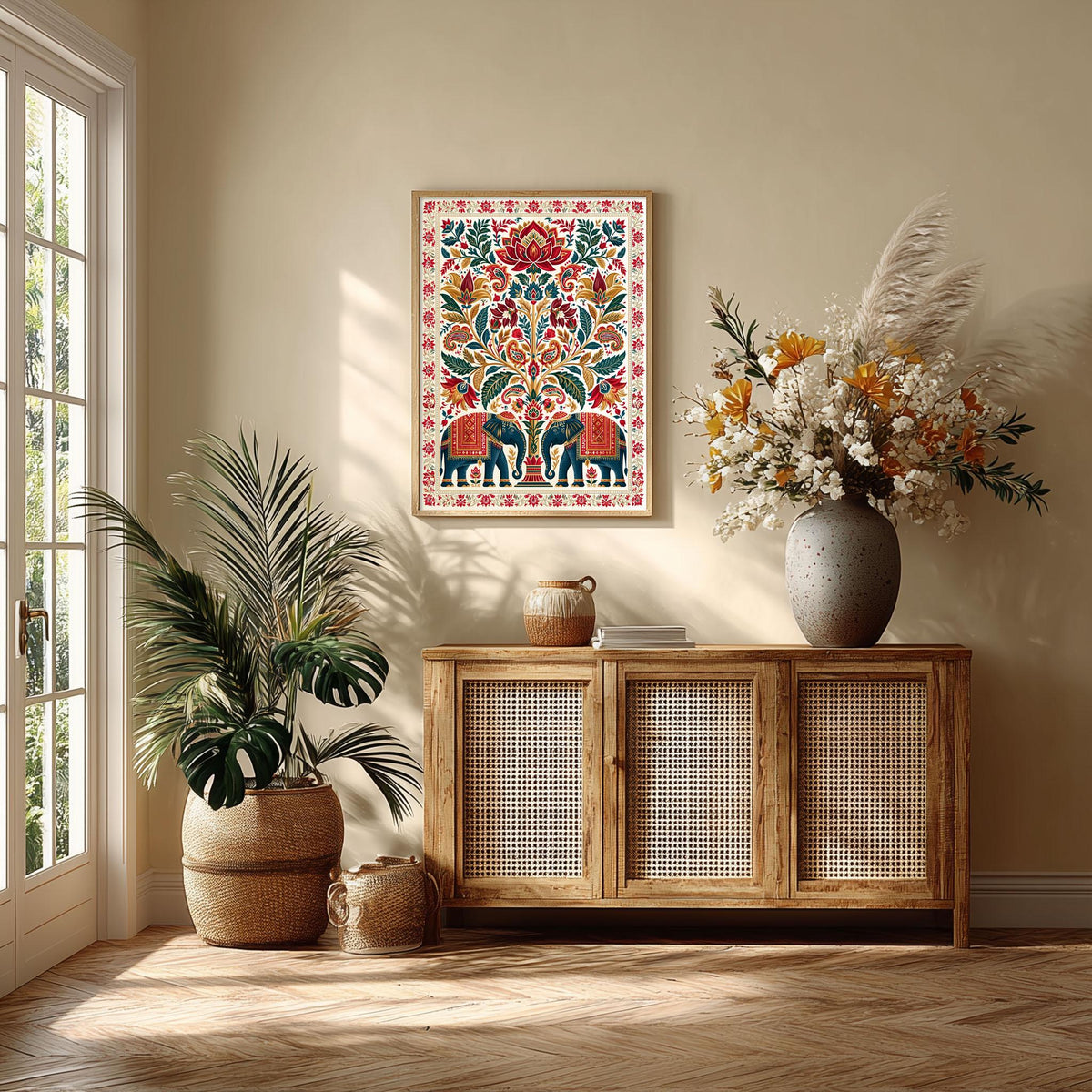 Indian Elephant Print, Boho Floral Wall Art Poster, Lotus Folk Art Decor