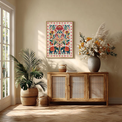 Indian Elephant Print, Boho Floral Wall Art Poster, Lotus Folk Art Decor
