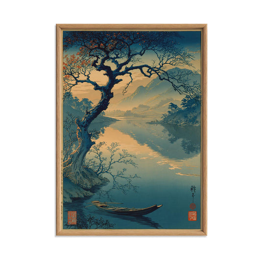 Japanese Lake Print, Vintage Landscape Wall Art Poster, Zen Boat Scene Decor
