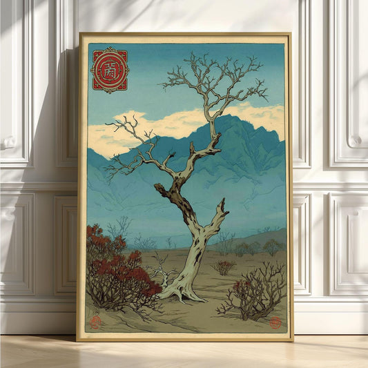 Japanese Desert Tree Print, Vintage Mountain Wall Art Poster, Zen Landscape Decor