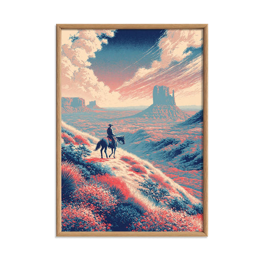Cowboy Desert Print, Vintage Western Wall Art Poster, Horse Rider Landscape Decor