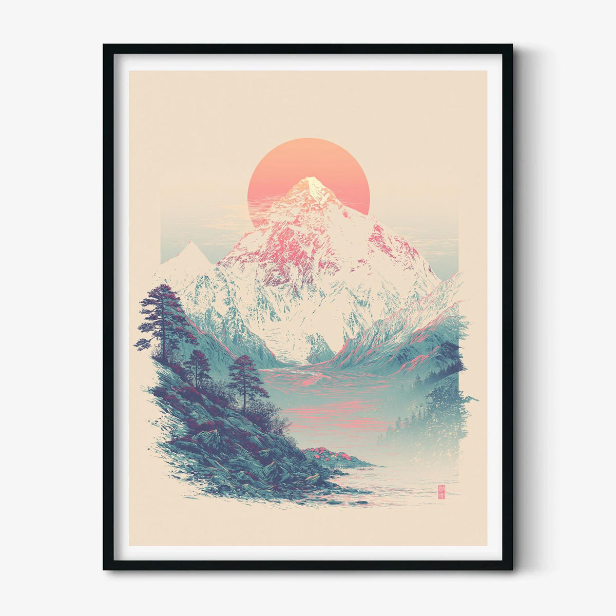 Pink Sun Mountain Print, Snowy Landscape Wall Art Poster, Minimal Nature Decor