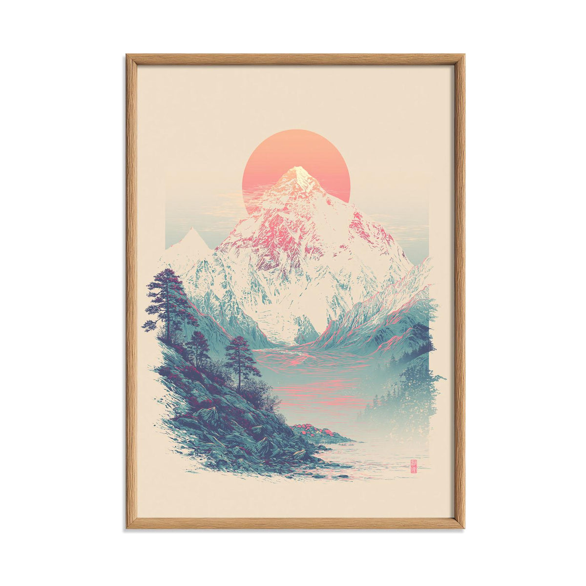 Pink Sun Mountain Print, Snowy Landscape Wall Art Poster, Minimal Nature Decor