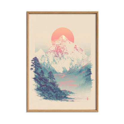 Pink Sun Mountain Print, Snowy Landscape Wall Art Poster, Minimal Nature Decor