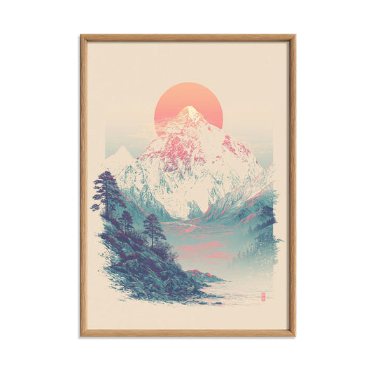 Pink Sun Mountain Print, Snowy Landscape Wall Art Poster, Minimal Nature Decor