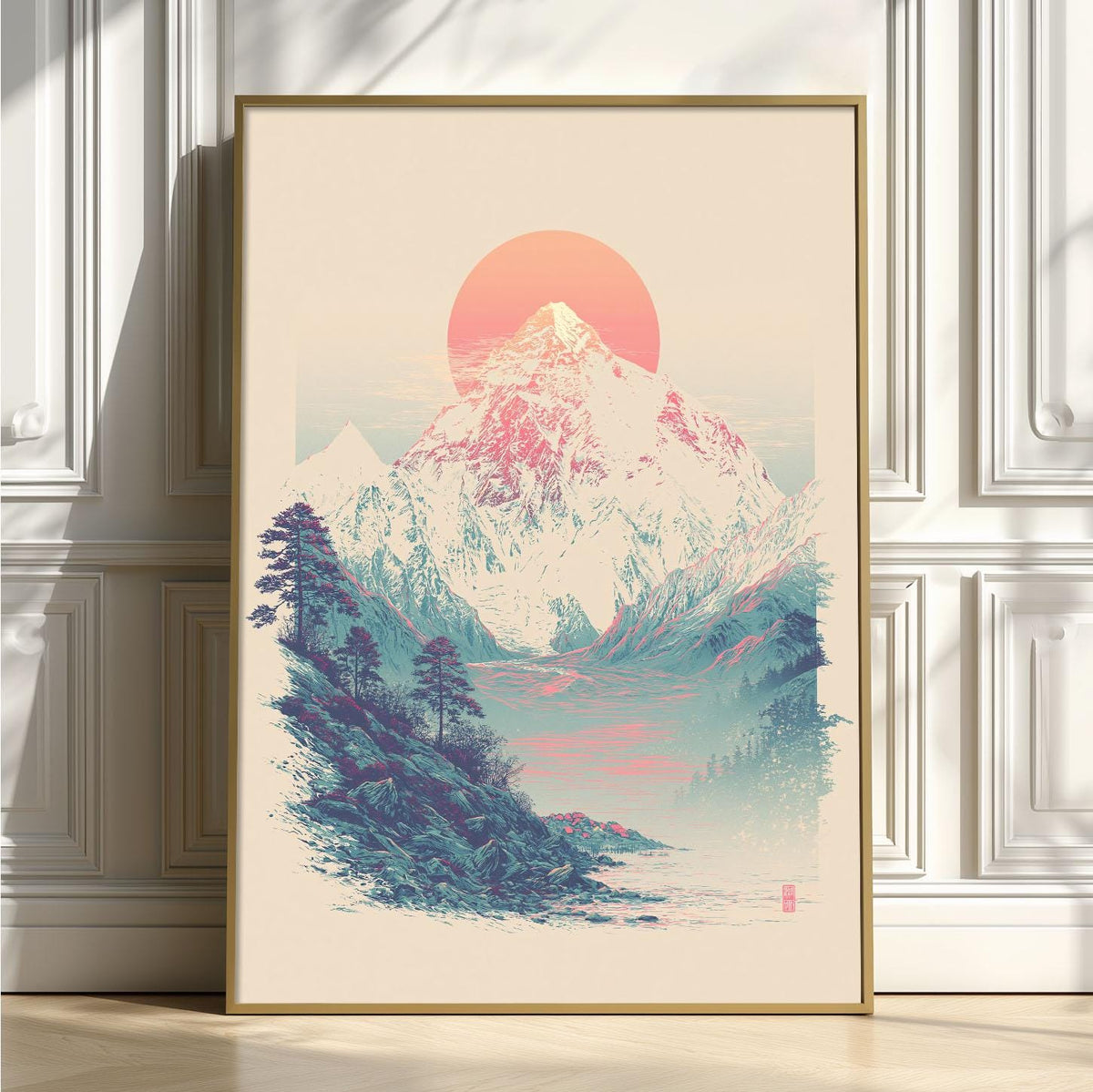 Pink Sun Mountain Print, Snowy Landscape Wall Art Poster, Minimal Nature Decor