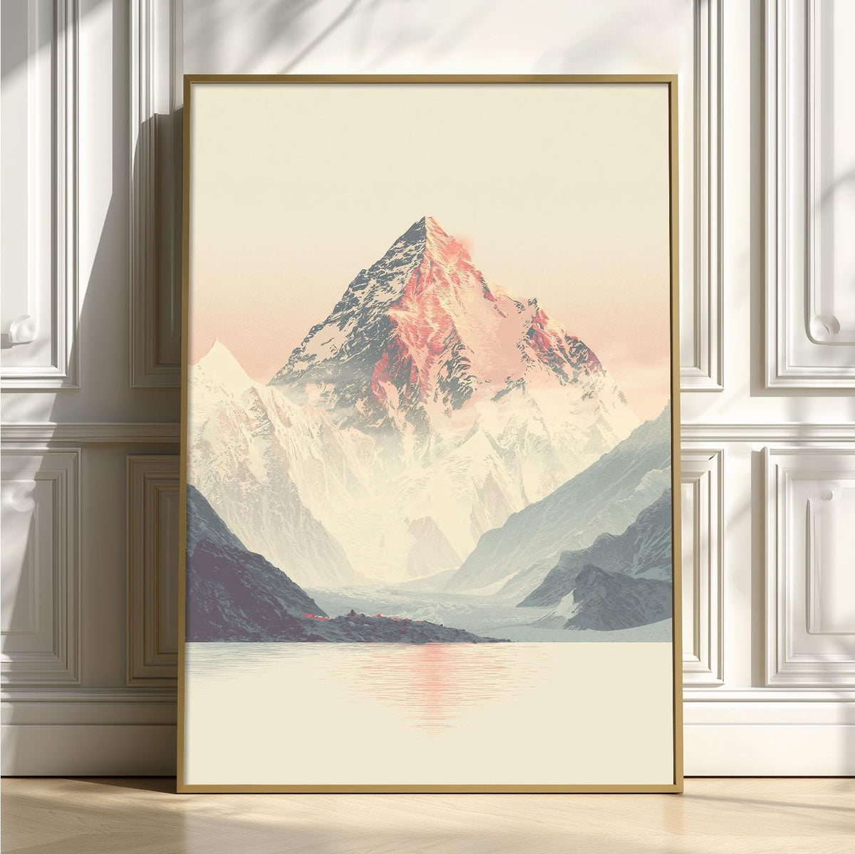 Snowy Mountain Print, Minimal Landscape Wall Art Poster, Pink Teal Nature Decor